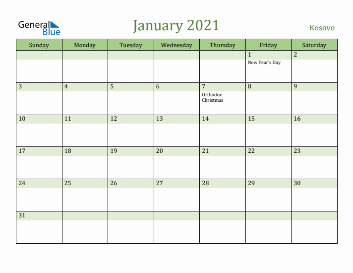 January 2021 Calendar with Kosovo Holidays