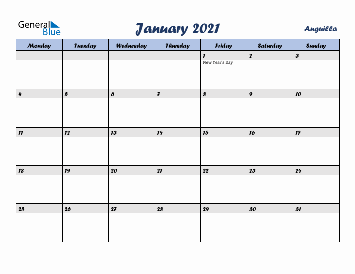 January 2021 Calendar with Holidays in Anguilla