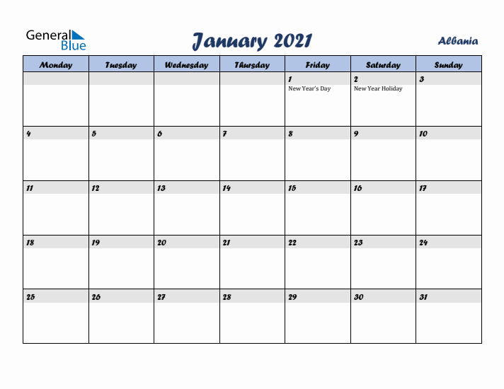 January 2021 Calendar with Holidays in Albania