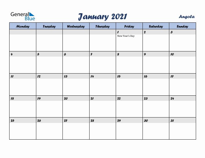 January 2021 Calendar with Holidays in Angola