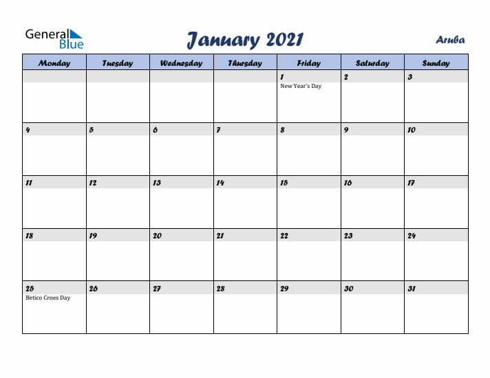 January 2021 Calendar with Holidays in Aruba