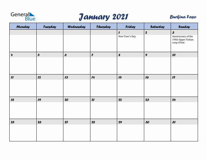 January 2021 Calendar with Holidays in Burkina Faso