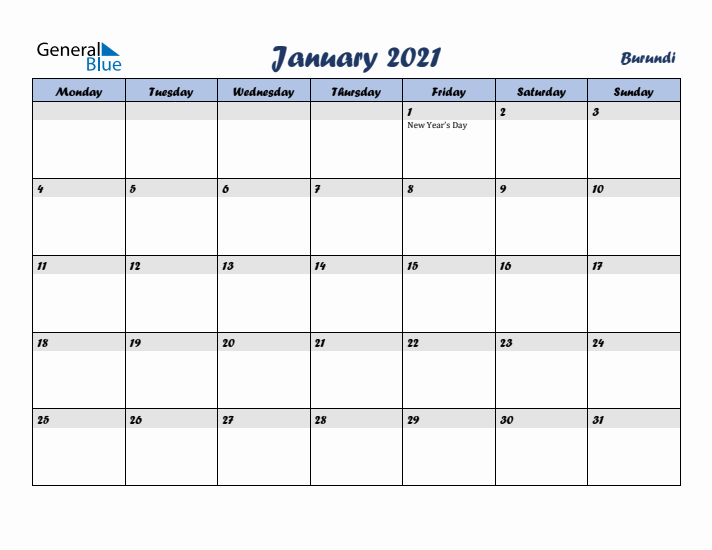 January 2021 Calendar with Holidays in Burundi