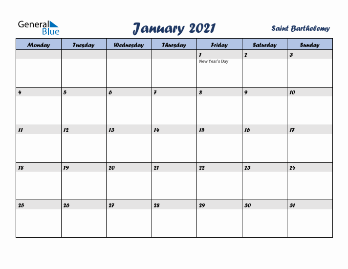 January 2021 Calendar with Holidays in Saint Barthelemy