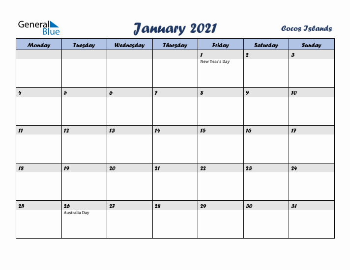 January 2021 Calendar with Holidays in Cocos Islands