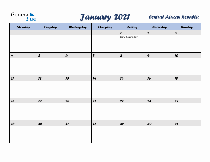 January 2021 Calendar with Holidays in Central African Republic