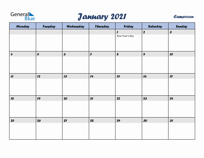 January 2021 Calendar with Holidays in Cameroon