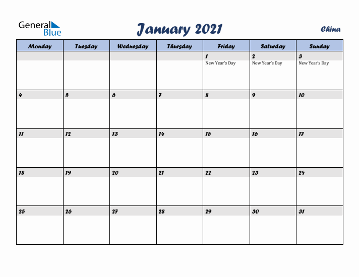 January 2021 Calendar with Holidays in China