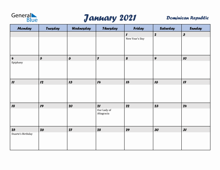 January 2021 Calendar with Holidays in Dominican Republic