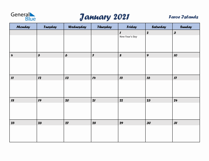 January 2021 Calendar with Holidays in Faroe Islands