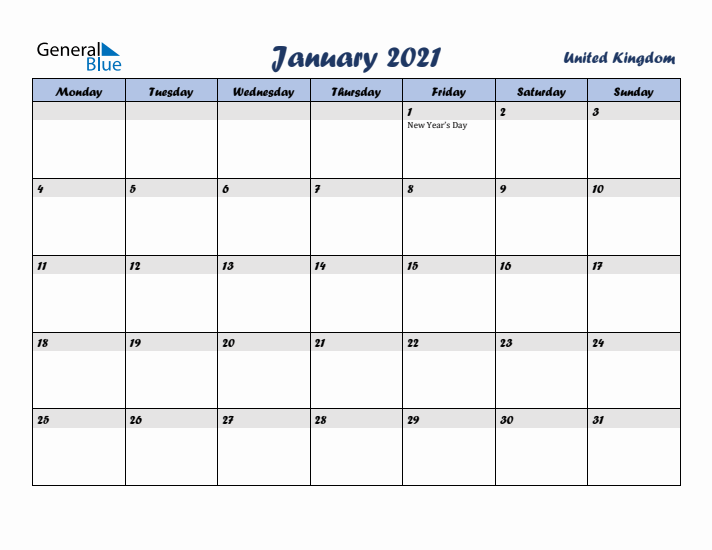 January 2021 Calendar with Holidays in United Kingdom