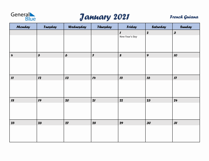 January 2021 Calendar with Holidays in French Guiana