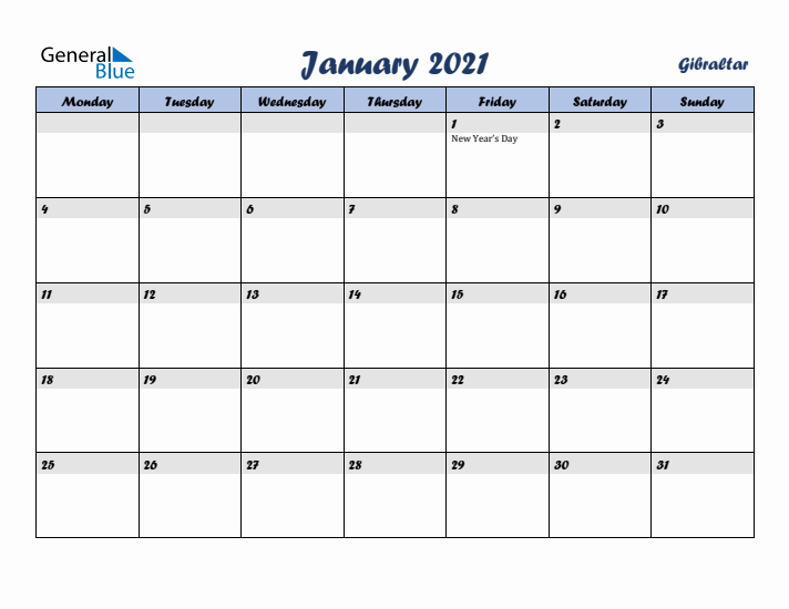 January 2021 Calendar with Holidays in Gibraltar