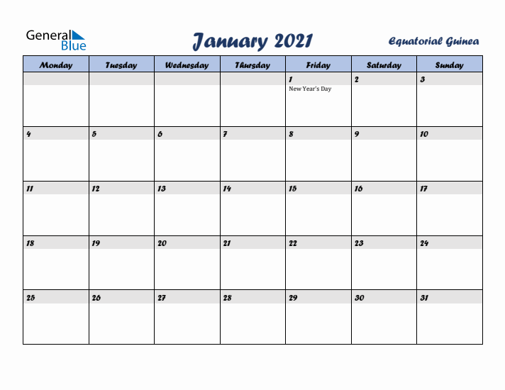 January 2021 Calendar with Holidays in Equatorial Guinea