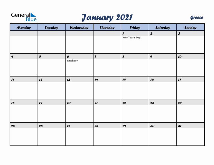 January 2021 Calendar with Holidays in Greece