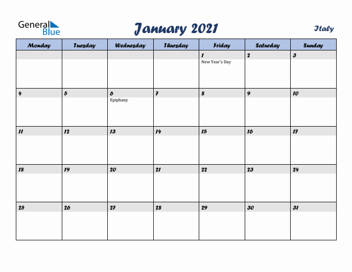 January 2021 Calendar with Holidays in Italy