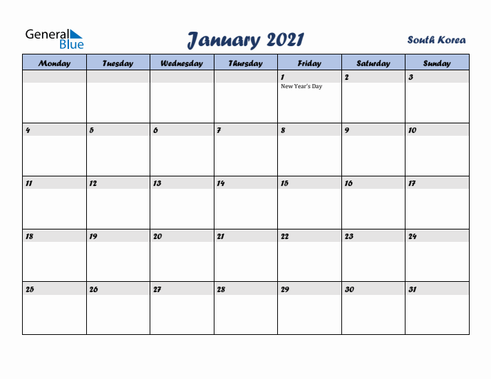 January 2021 Calendar with Holidays in South Korea