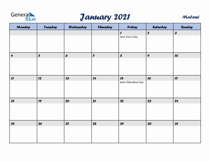 January 2021 Calendar with Holidays in Malawi