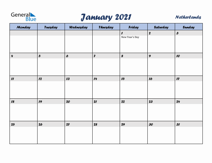 January 2021 Calendar with Holidays in The Netherlands