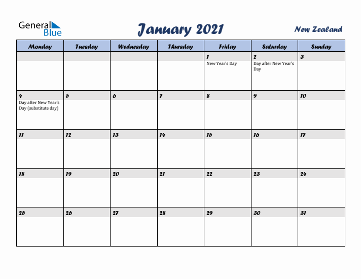 January 2021 Calendar with Holidays in New Zealand