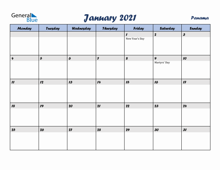 January 2021 Calendar with Holidays in Panama