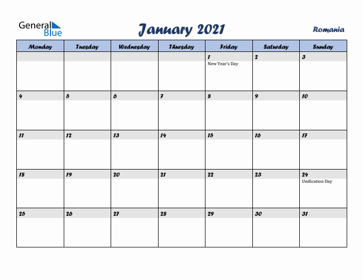 January 2021 Calendar with Holidays in Romania