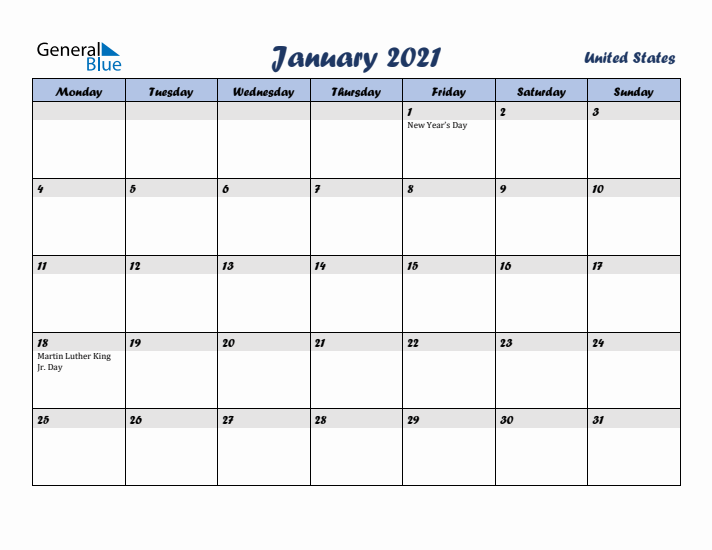 January 2021 Calendar with Holidays in United States