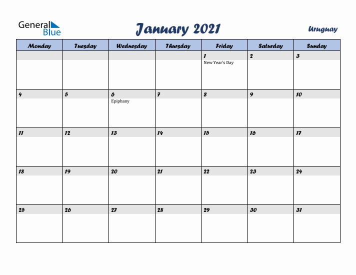 January 2021 Calendar with Holidays in Uruguay