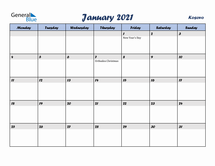 January 2021 Calendar with Holidays in Kosovo