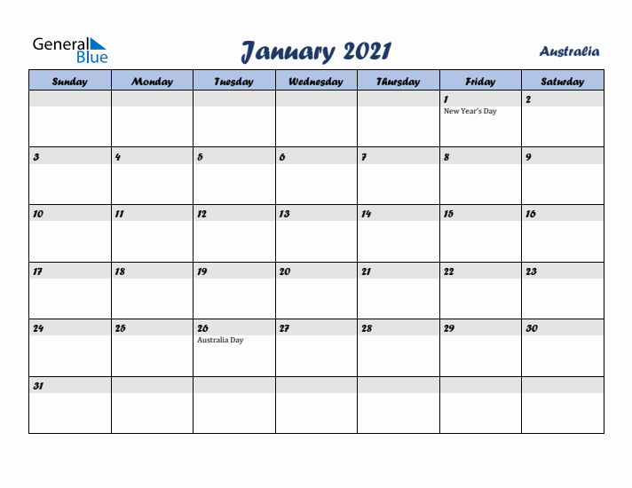 January 2021 Calendar with Holidays in Australia