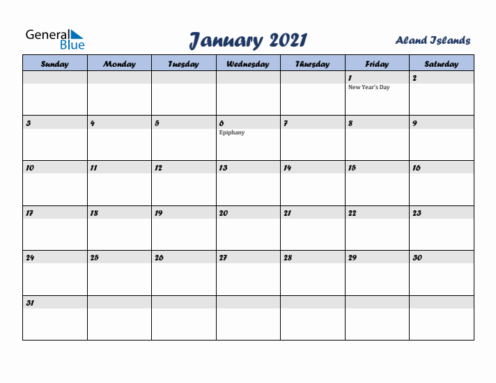 January 2021 Calendar with Holidays in Aland Islands