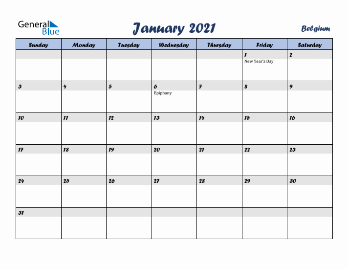 January 2021 Calendar with Holidays in Belgium