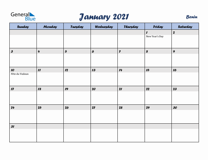 January 2021 Calendar with Holidays in Benin