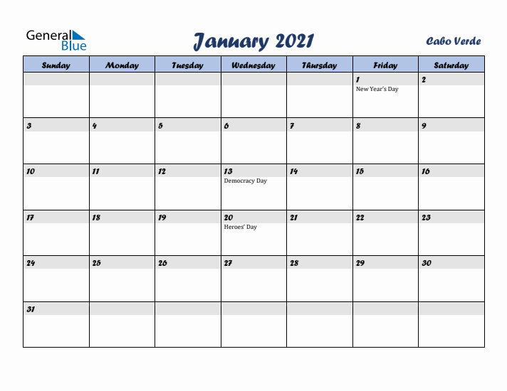 January 2021 Calendar with Holidays in Cabo Verde