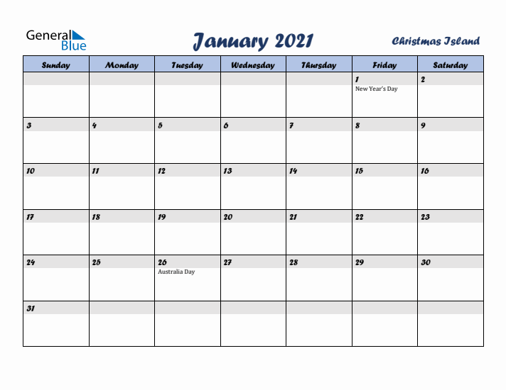 January 2021 Calendar with Holidays in Christmas Island