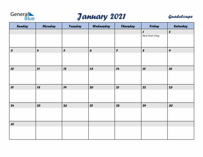 January 2021 Calendar with Holidays in Guadeloupe