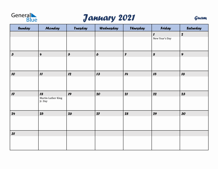 January 2021 Calendar with Holidays in Guam