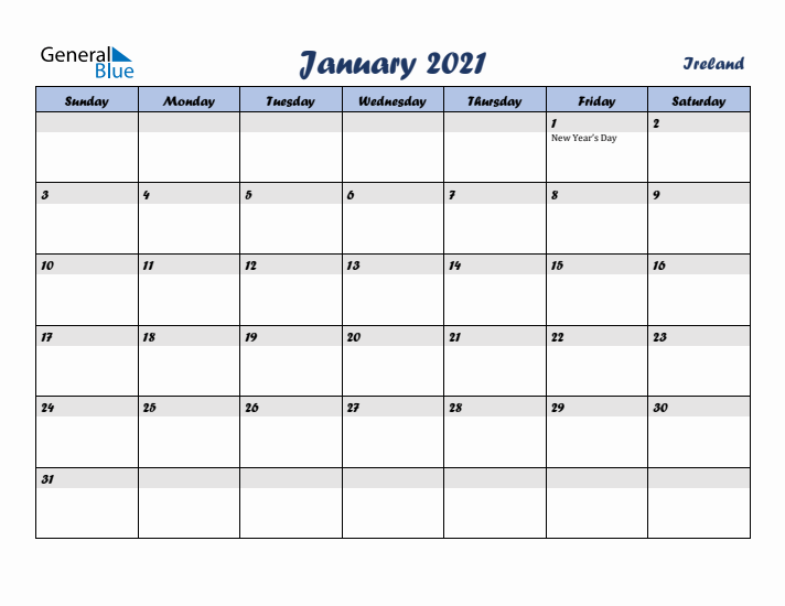 January 2021 Calendar with Holidays in Ireland