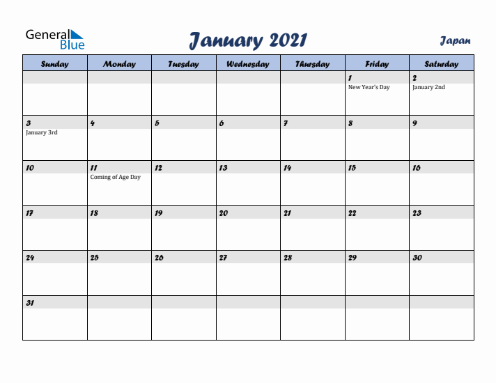 January 2021 Calendar with Holidays in Japan