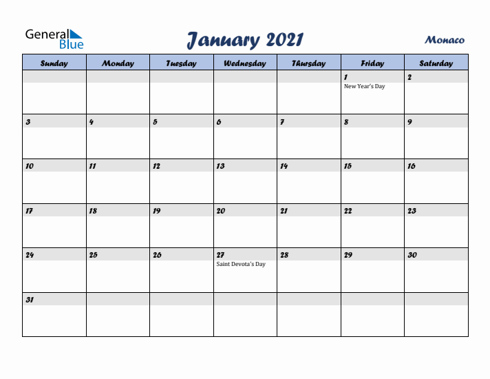 January 2021 Calendar with Holidays in Monaco