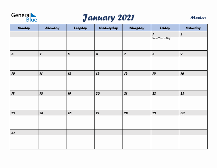 January 2021 Calendar with Holidays in Mexico