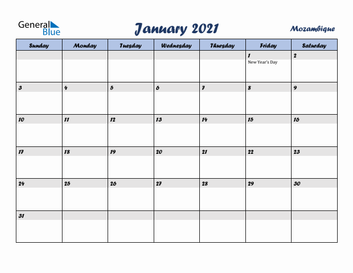 January 2021 Calendar with Holidays in Mozambique