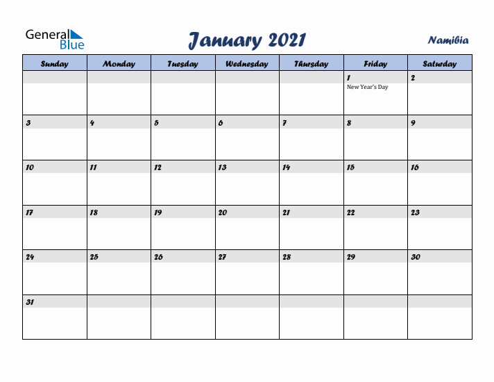 January 2021 Calendar with Holidays in Namibia