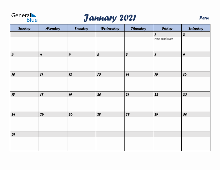 January 2021 Calendar with Holidays in Peru