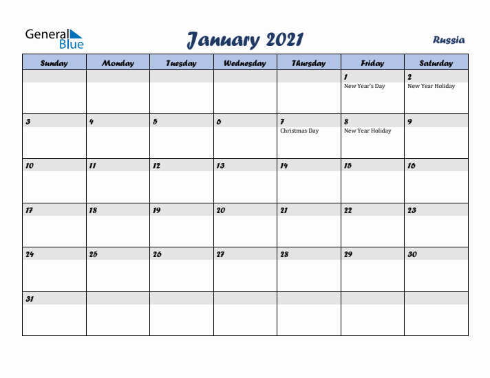 January 2021 Calendar with Holidays in Russia