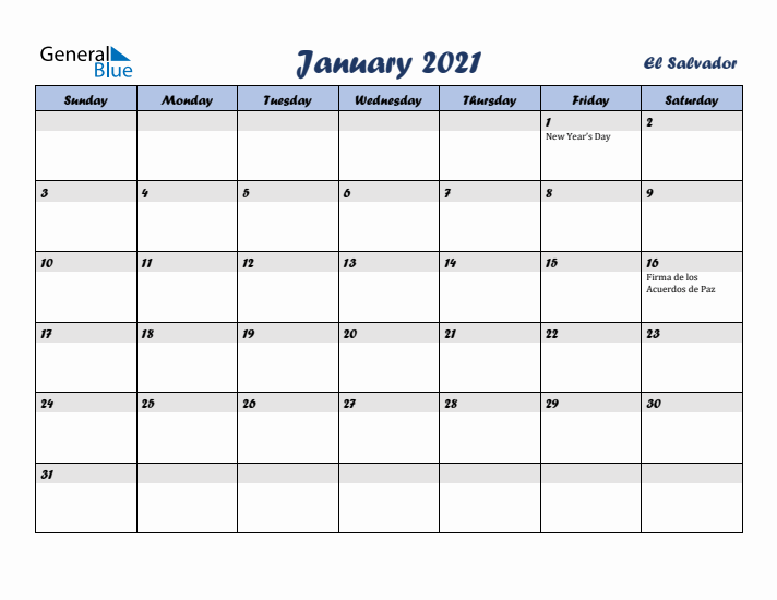 January 2021 Calendar with Holidays in El Salvador