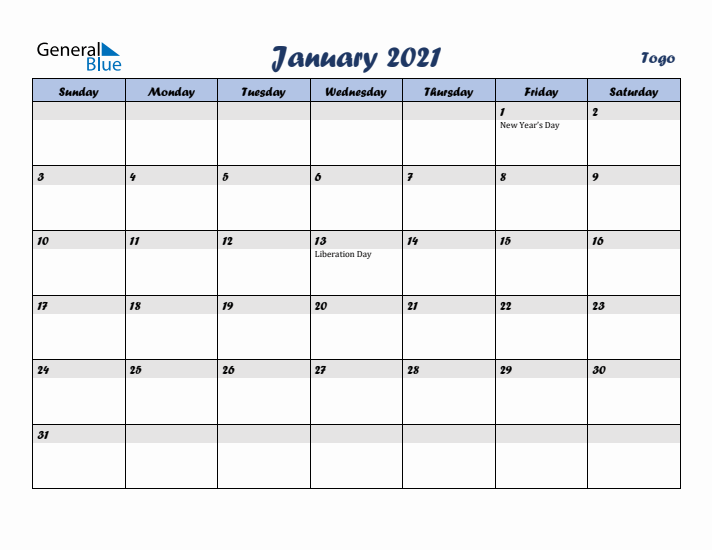 January 2021 Calendar with Holidays in Togo