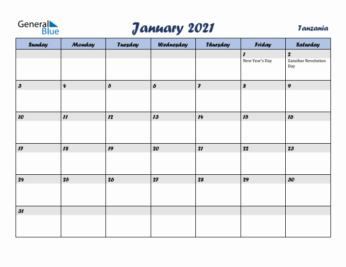 January 2021 Calendar with Holidays in Tanzania