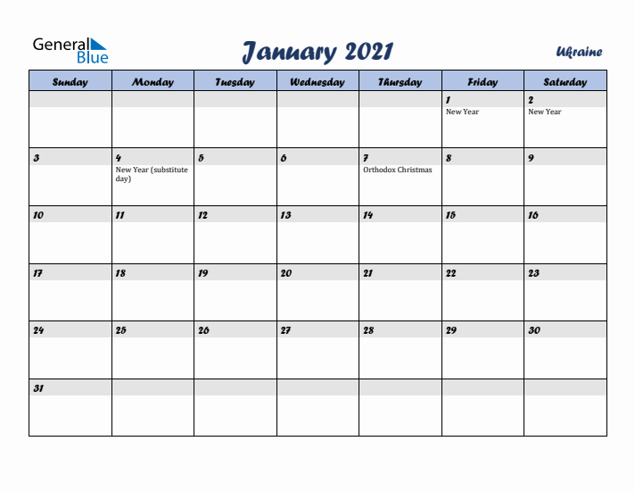 January 2021 Calendar with Holidays in Ukraine