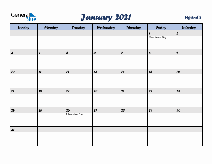 January 2021 Calendar with Holidays in Uganda